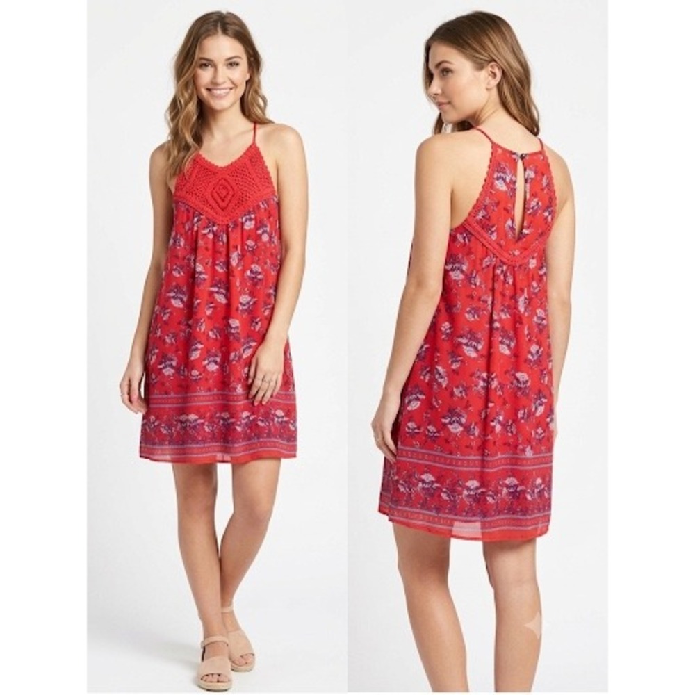 Speechless Red Floral Crochet Bib Halter Mini Dress Boho Summer Sleeveless Small